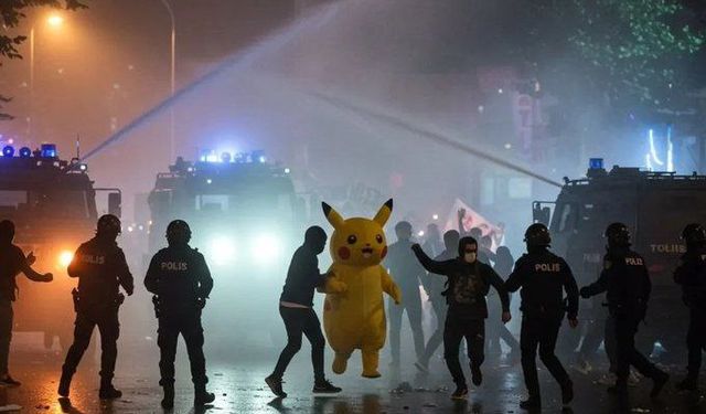 Eylemde polisten kaçan Pikachu gündem oldu